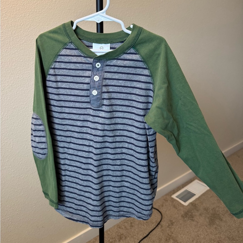 Hanna Andersson Boy’s Green with Gray and Blue Striped Henley Shirt